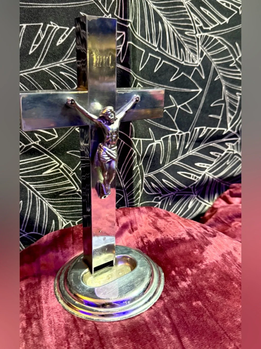 Vintage Standing Crucifix Chrome Holy Water Font Religious Decor